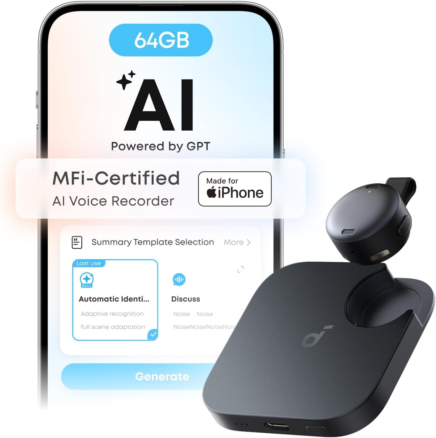 image:imagesoundcore Work by Anker CoinSized AI Voice Recorder 64GB MFi Certified 150 Languages Wearable USBC Charging 32H Recording Find My AI Transcribe and SummarizeBlack