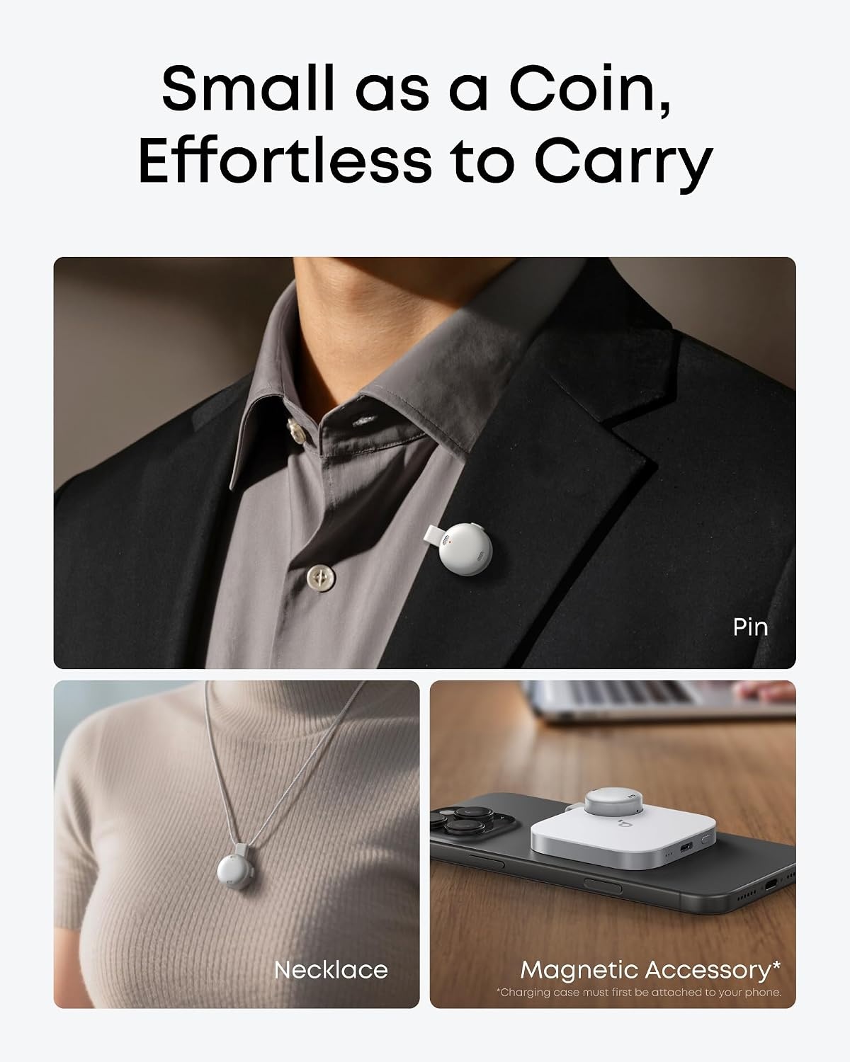 image:imagesoundcore Work by Anker CoinSized AI Voice Recorder 64GB MFi Certified 150 Languages Wearable USBC Charging 32H Recording Find My AI Transcribe and SummarizeWhite