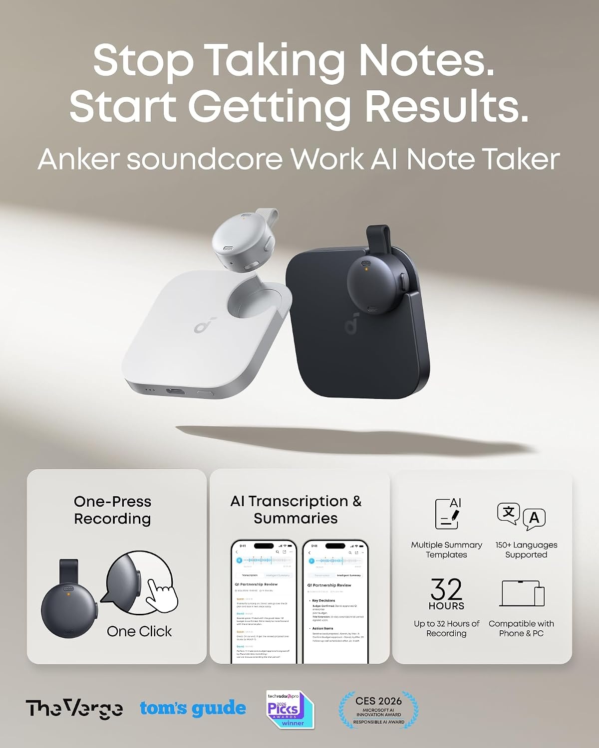 image:imagesoundcore Work by Anker CoinSized AI Voice Recorder 64GB MFi Certified 150 Languages Wearable USBC Charging 32H Recording Find My AI Transcribe and SummarizeBlack