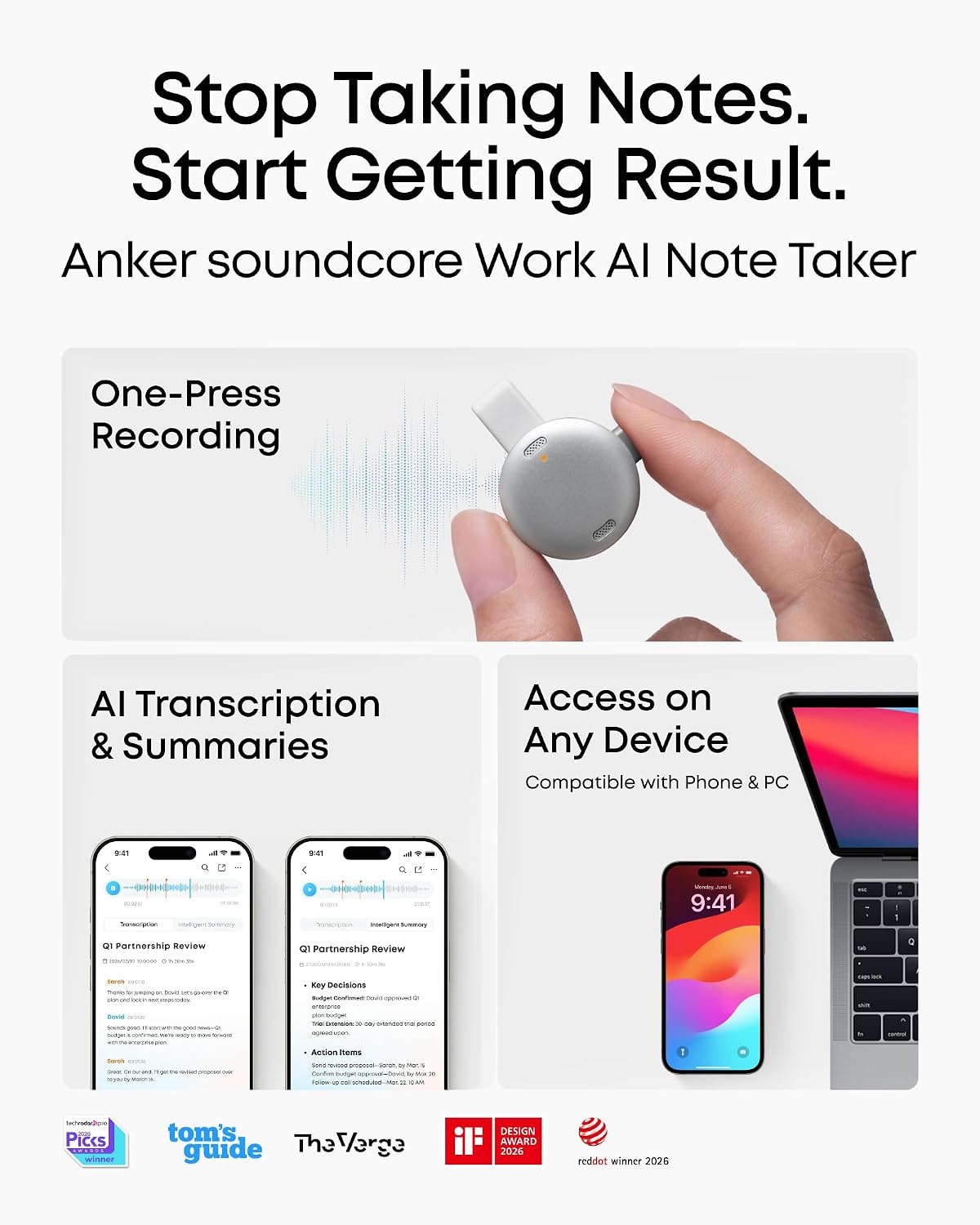 image:imagesoundcore Work by Anker CoinSized AI Voice Recorder 64GB MFi Certified 150 Languages Wearable USBC Charging 32H Recording Find My AI Transcribe and SummarizeWhite