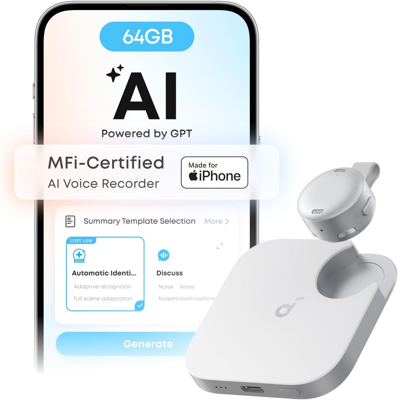 image:imagesoundcore Work by Anker CoinSized AI Voice Recorder 64GB MFi Certified 150 Languages Wearable USBC Charging 32H Recording Find My AI Transcribe and SummarizeWhite