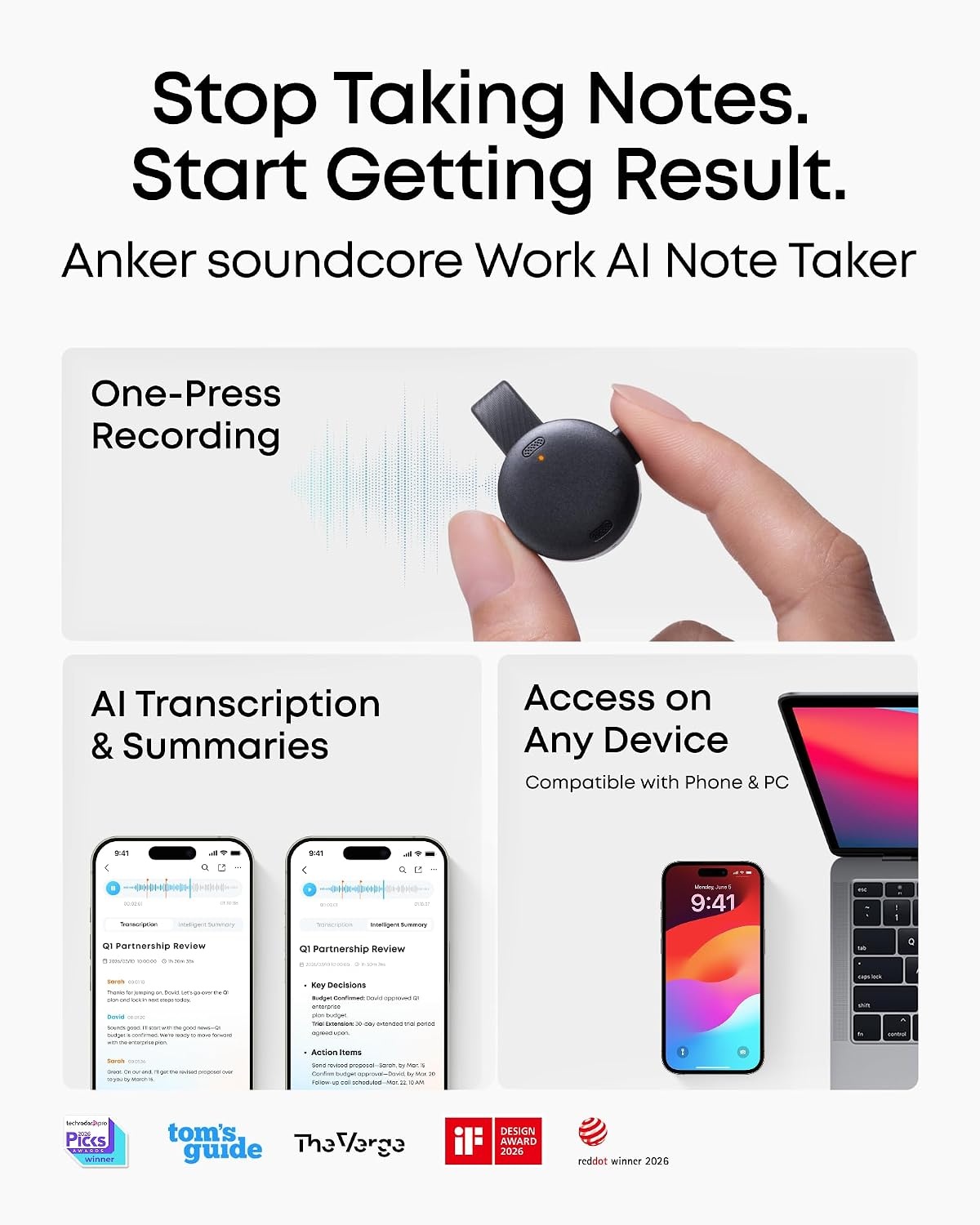 image:imagesoundcore Work by Anker CoinSized AI Voice Recorder 64GB MFi Certified 150 Languages Wearable USBC Charging 32H Recording Find My AI Transcribe and SummarizeBlack